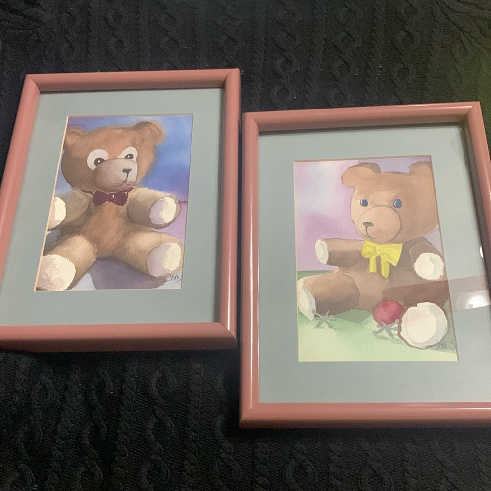 Original Bowtie Teddy Bear Paintings by Artist named Jones pair